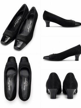 Salvatore Ferragamo Boutique Black Suede Patent Cap Toe Pumps 5.5